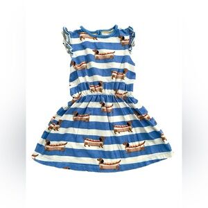 Mini Boden Size 2-3 Years Blue and White Striped Dachshund Hot Dog Print Dress
